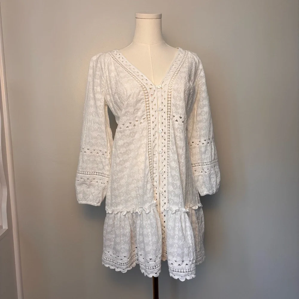 Veronica Beard Daeja V-Neck Eyelet Intricate Lace 3/4 Sleeves Mini Dress Size XS - Picture 2 of 14